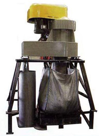 Decanter centrifuge with automatic bottom discharge, with elevated platform and solids receiving sack.